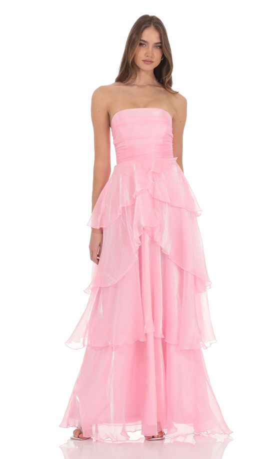 Corset Petal Ruffle Strapless Maxi Dress in Pink