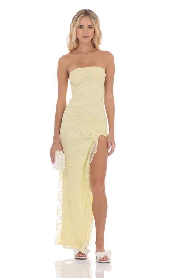 Lace Ruffle Slit Maxi Dress in Yellow