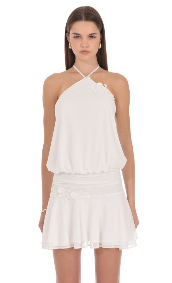 Floral Halter Mini Dress in White