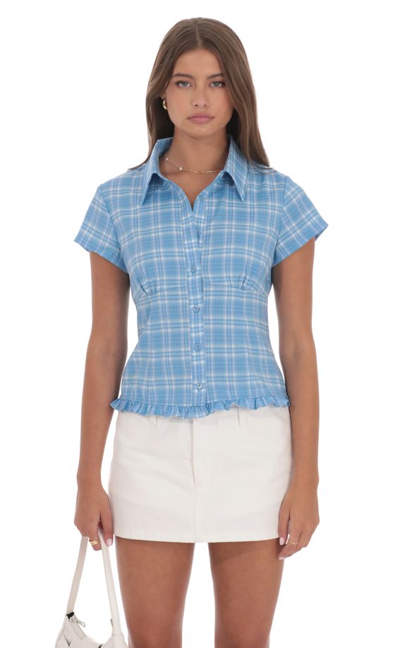 Plaid Button-Up Ruffle Top in Blue