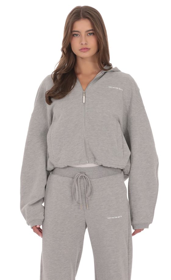 Cropped Fleece Zip-Up Hoodie in Grey
