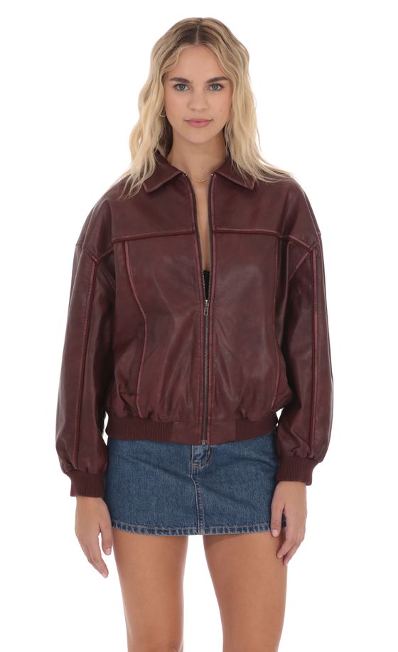 Faux Leather Bomber in Burgundy