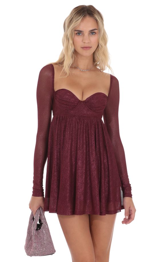 Foil Long Sleeve Babydoll Dress in Burgundy