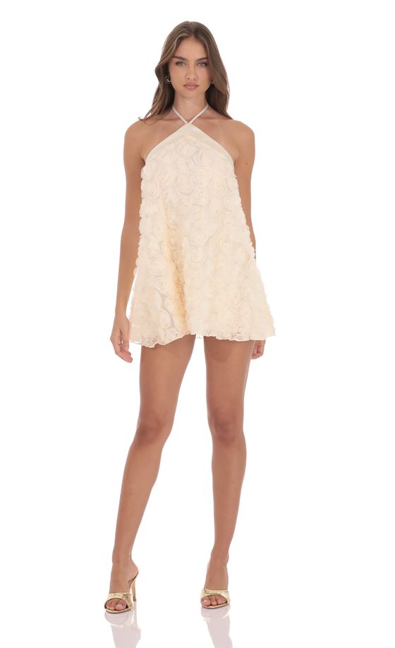 Satin Trim Floral Halter Dress in Ivory