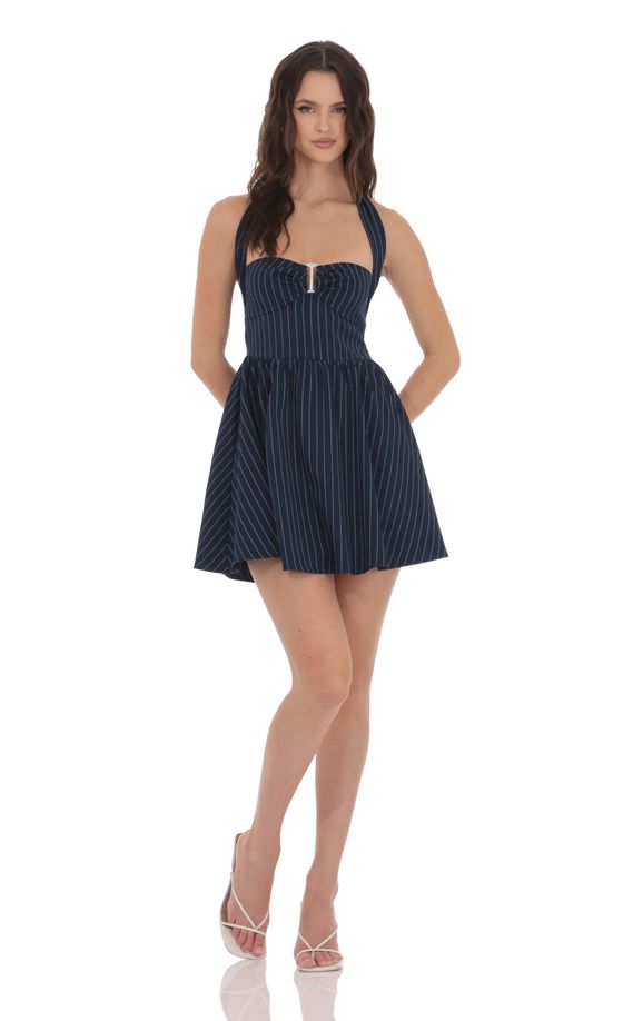 Pinstripe Halter Fit and Flare Dress in Navy