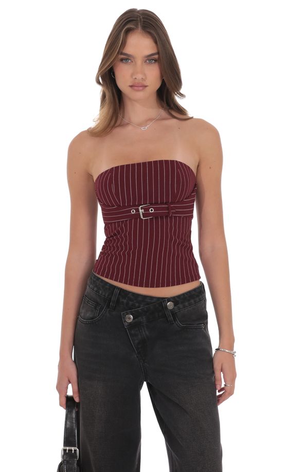 Pinstripe Strapless Buckle Top in Burgundy