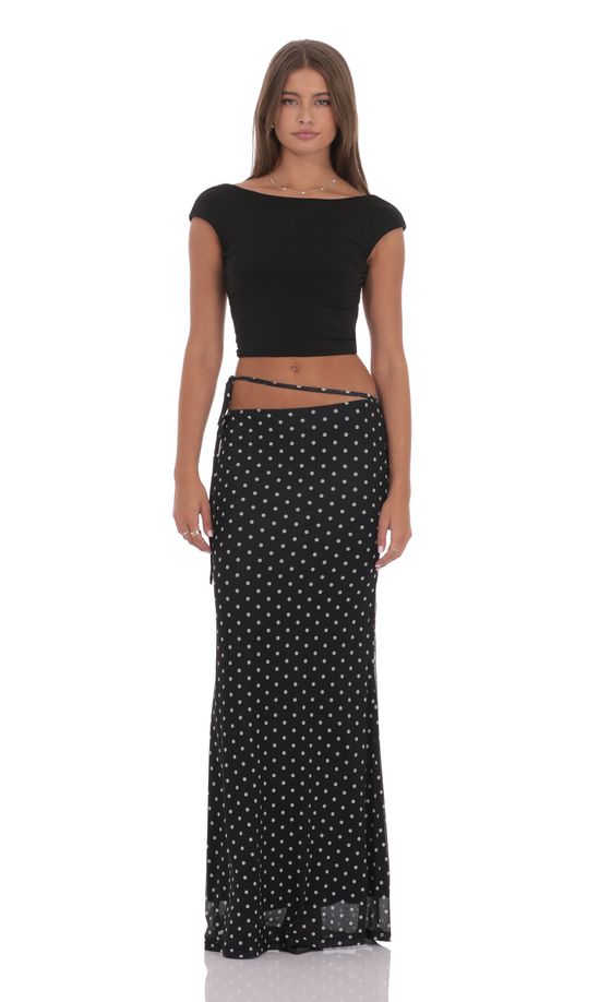 Mesh Polka Dot Wrap Maxi Skirt in Black