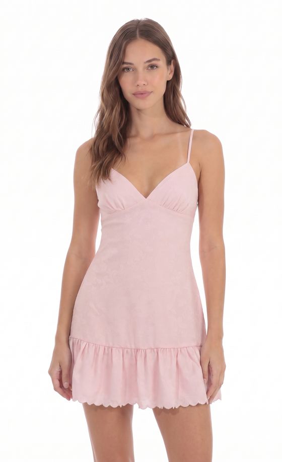 Jacquard Scallop Ruffle Dress in Pink