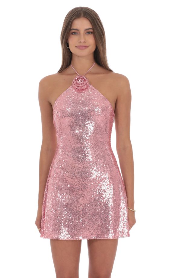 Sequin Florette Halter Dress in Pink