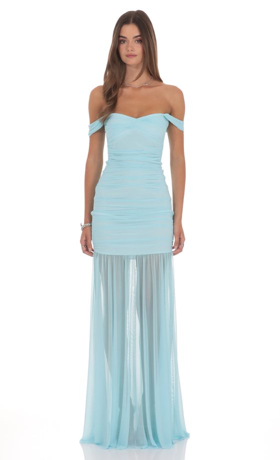 Mesh Off Shoulder Ruched Maxi Dress in Blue