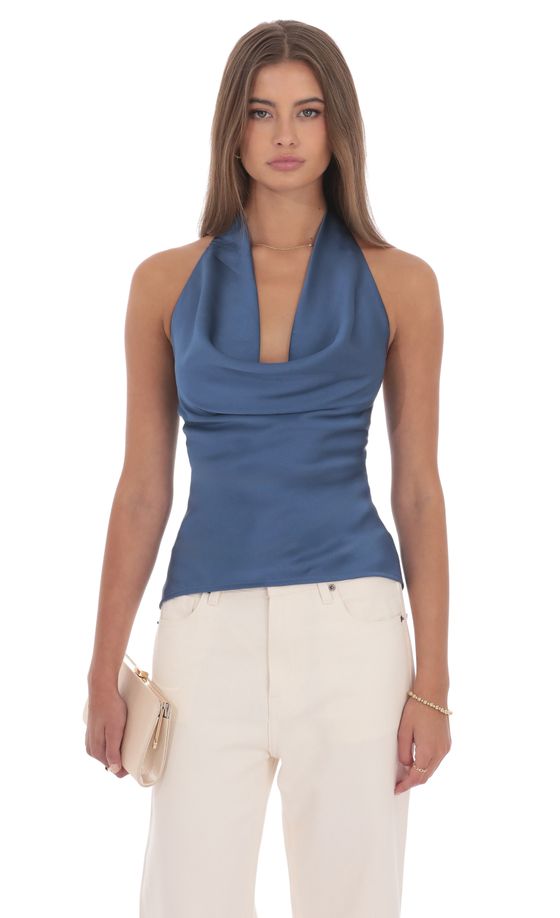 Satin Cowl Neck Top in Denim Blue