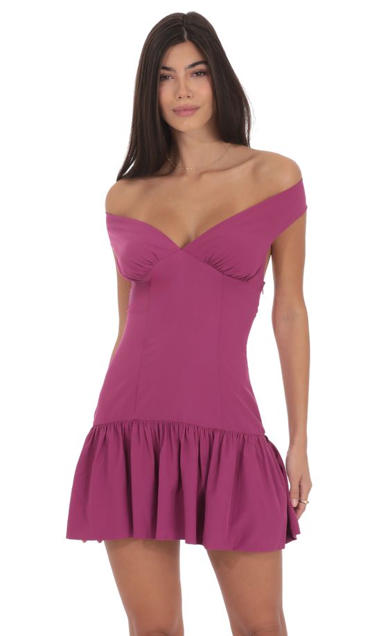 Off Shoulder Drop Waist Dress in Magenta