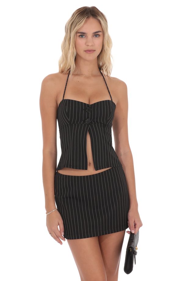 Pinstripe Halter Flyaway Top in Black