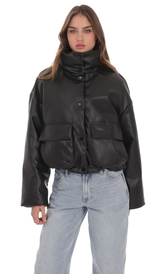 Faux Leather Cropped Puffer Jacket in Black