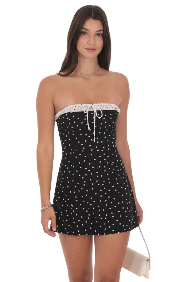 Polka Dot Ruched Trim Dress in Black
