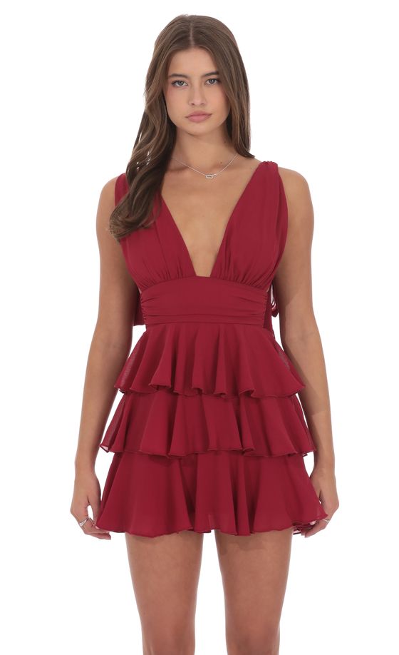 Plunge Neck Ruffle Dress in Maroon