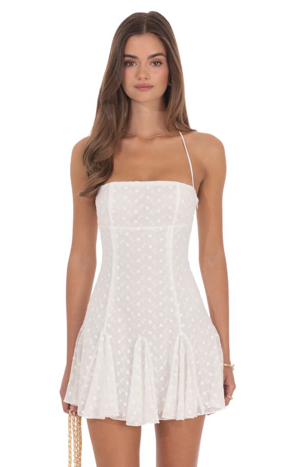 Embroidered Floral Flared Mini Dress in White