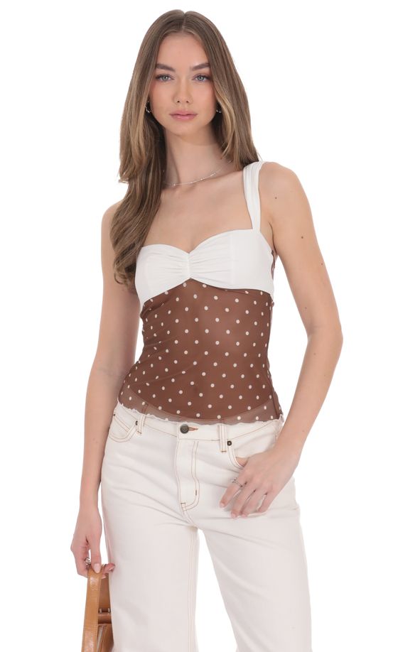 Two-Toned Mesh Polka Dot Top in Brown and White