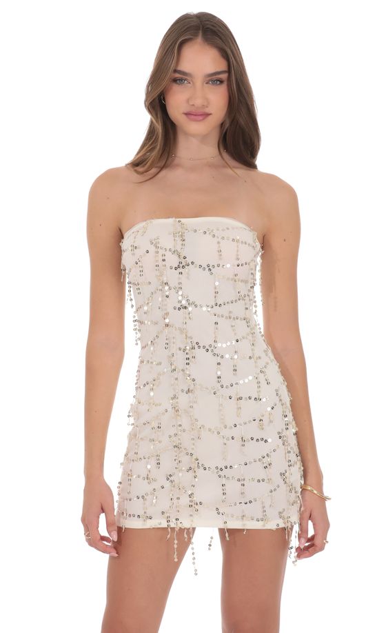 Strapless Sequin Fringe Dress in Ivory