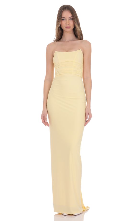 Pointed Corset Strapless Maxi Dress in Yellow