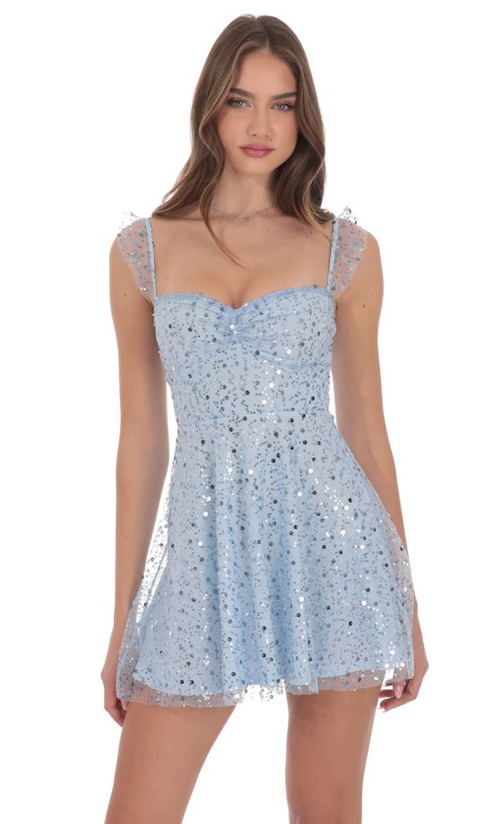 Sequin Ruffle Strap A-Line Dress in Light Blue