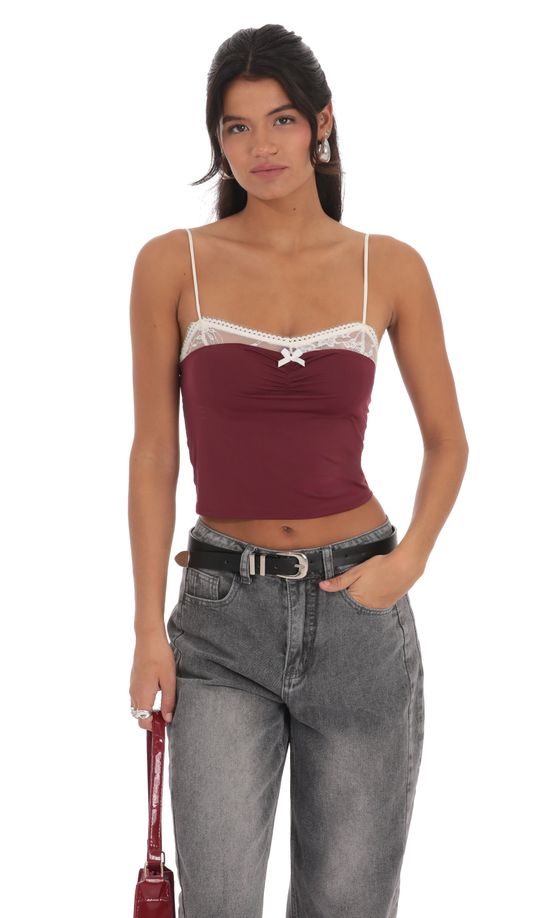 Lace Trim Crop Top in Maroon