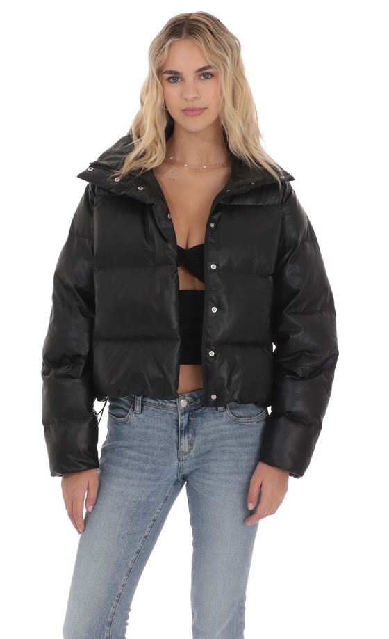 Faux Leather Puffer Jacket in Black