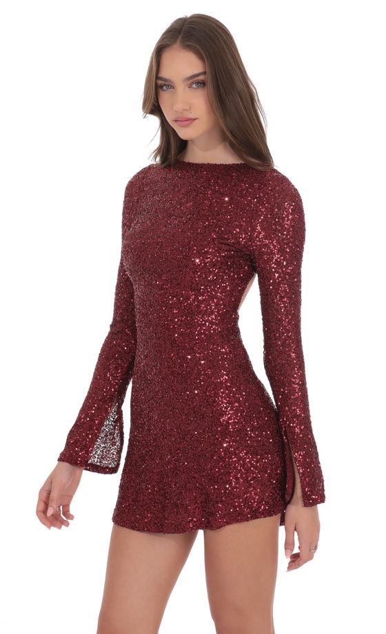 Sequin Long Sleeve Open Back Dress in Maroon