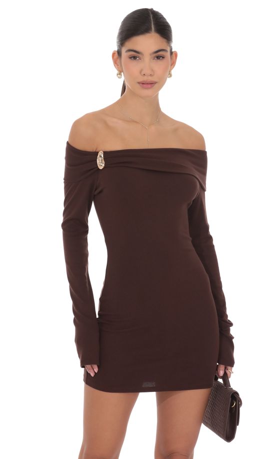 Charmed Off Shoulder Dress in Brown
