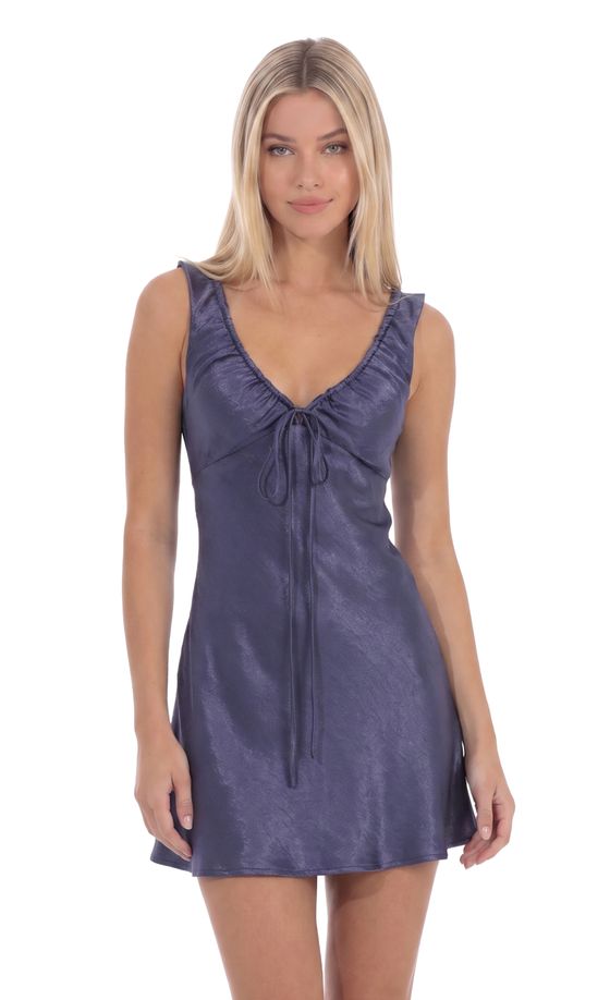 Satin V-Neck Dress in Brushed Blue