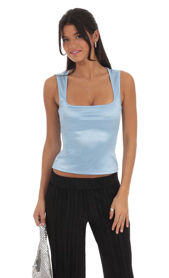 Satin Square Neck Top in Sky Blue