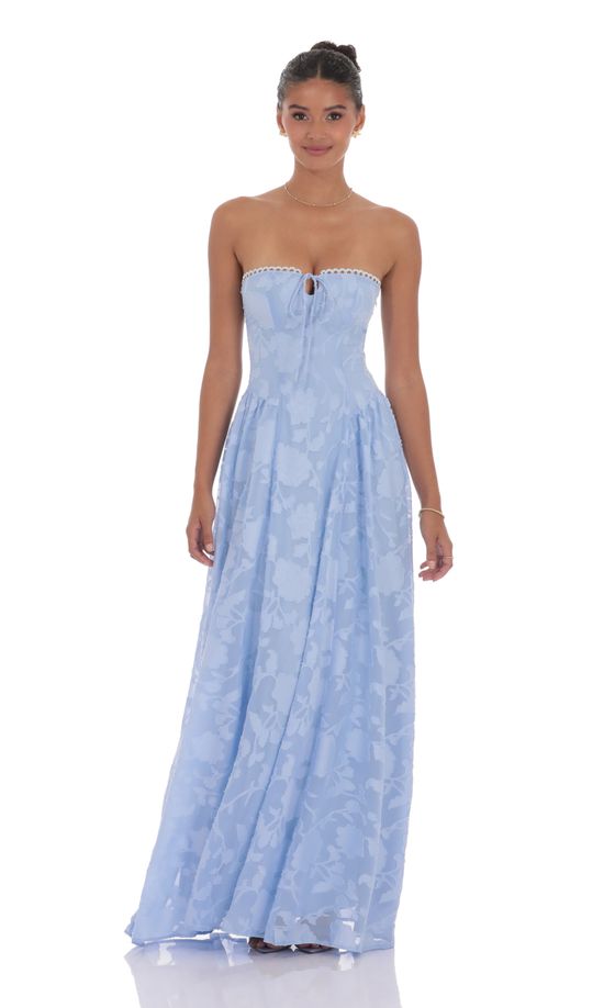 Floral Lace-Up Maxi Dress in Light Blue