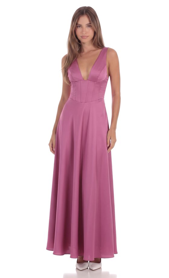 Satin Plunge Neck Corset Maxi Dress in Magenta