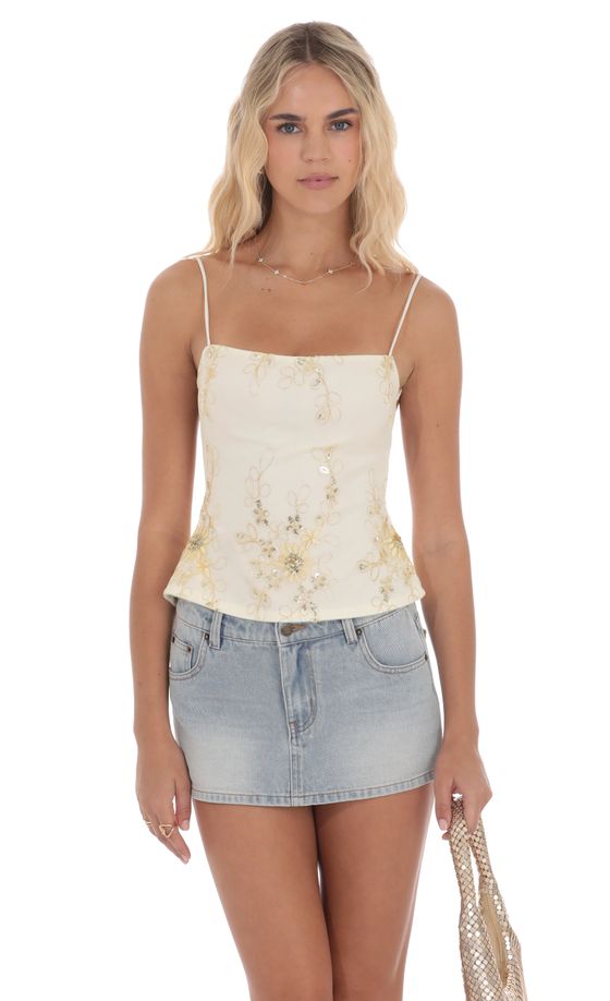 Embroidered Sequin Open back Top in Cream