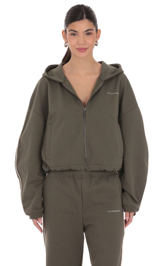 Cropped Cinch Waist Hoodie in Olive Green