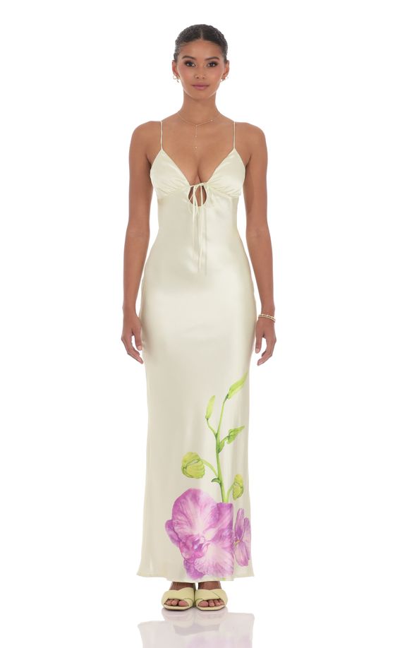Satin Front Tie Floral Maxi Dress in Pastel Green