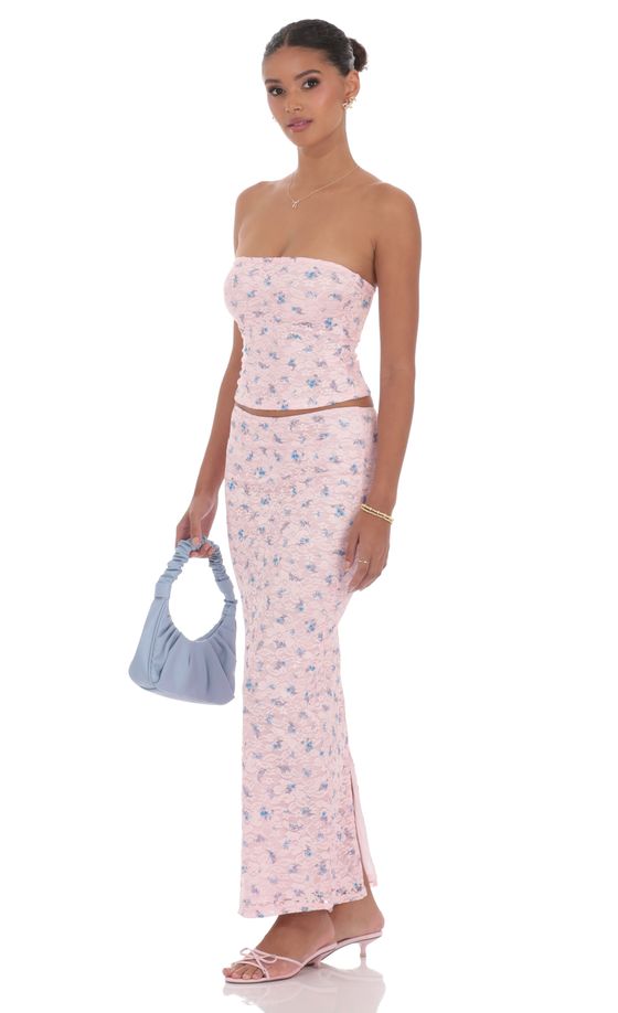 Strapless Floral Lace Two Piece Set in Pink