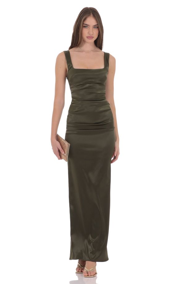 Satin Bodycon Maxi Dress in Olive Green