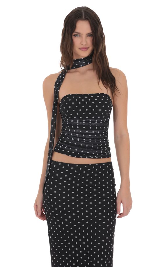 Scarf Polka Dot Mesh Tube Top in Black