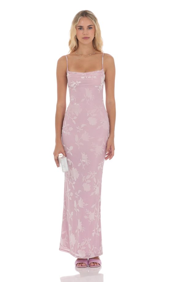 Velvet Floral Cowl Neck Maxi Dress in Lilac