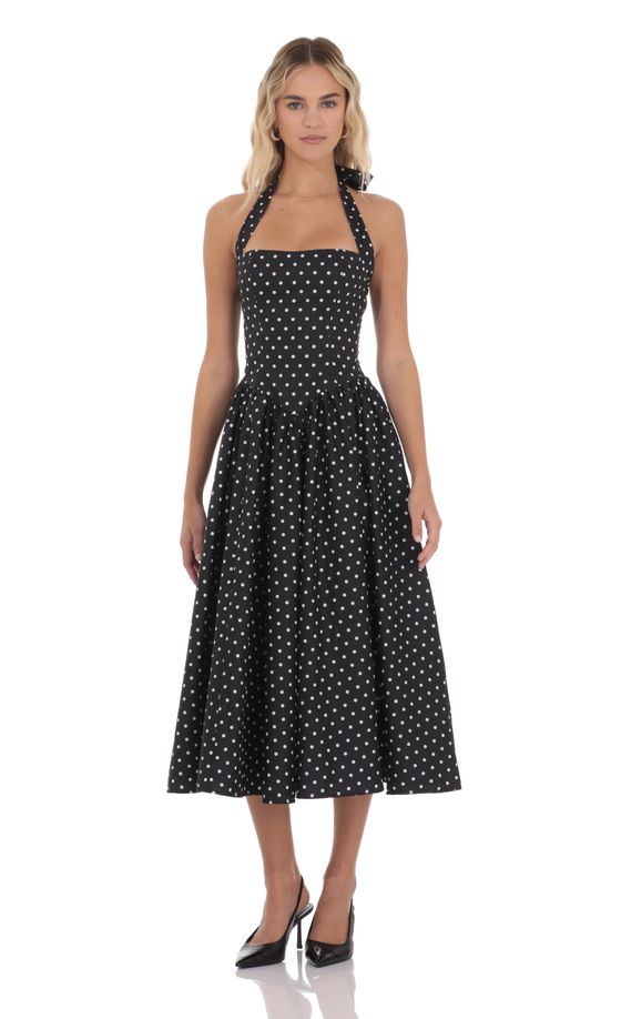 Polka Dot Halter Midi Dress in Black