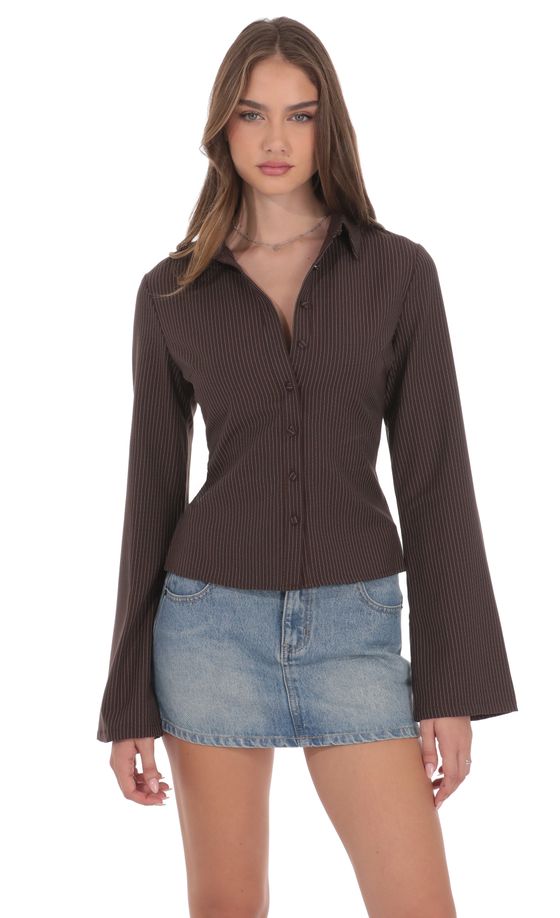 Pinstripe Button-Up Shirt in Brown