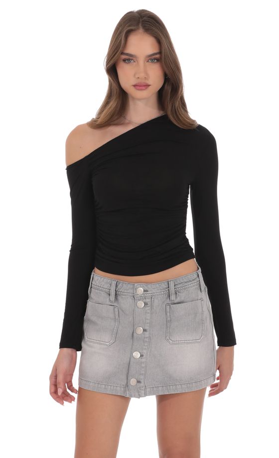 Buttoned Denim Skirt in Washed Grey