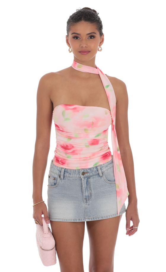 Scarf Floral Mesh Tube Top in Pink