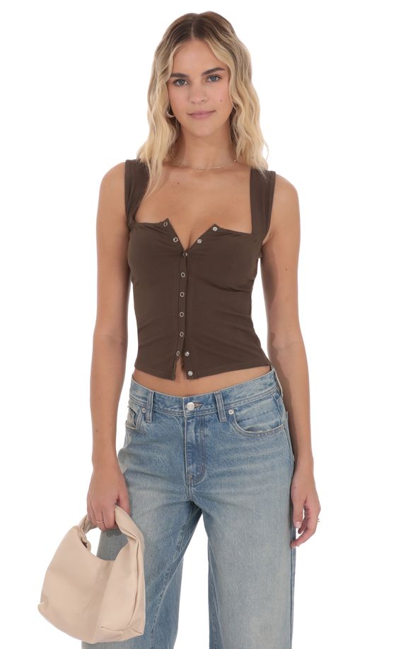 Ribbed Square Neck Top in Brown