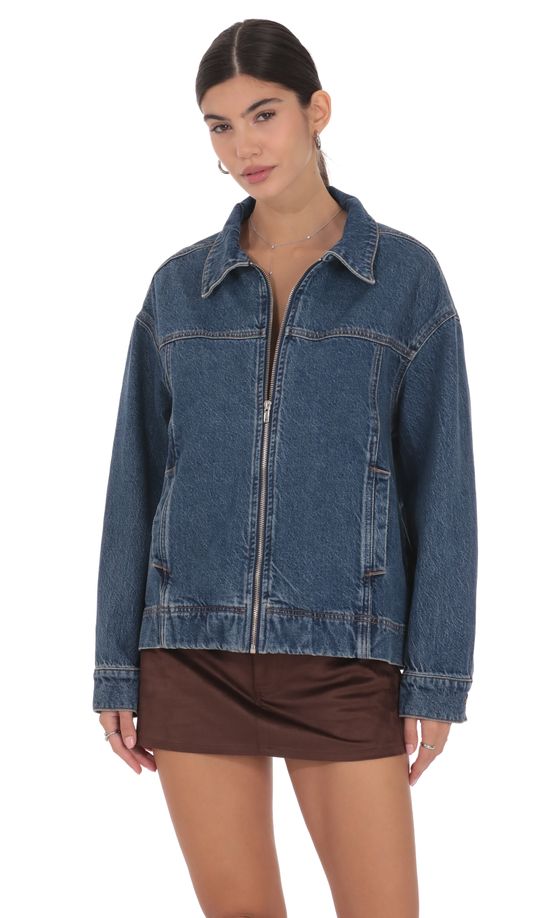 Oversized Zip-Up Denim Jacket in Blue