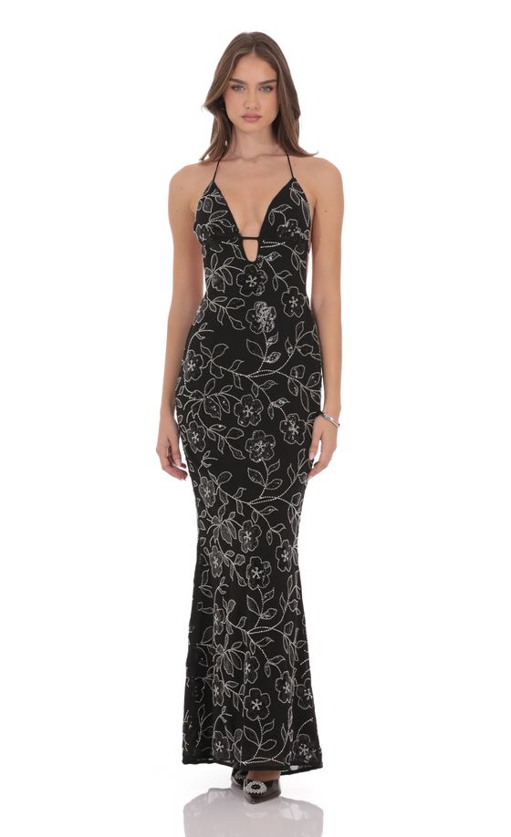 Sequin Floral Punge Maxi Dress in Black
