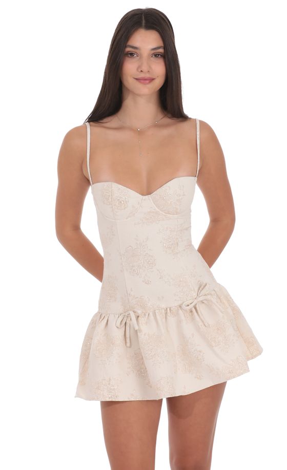 Jacquard Double Bow Drop Waist Dress in Cream