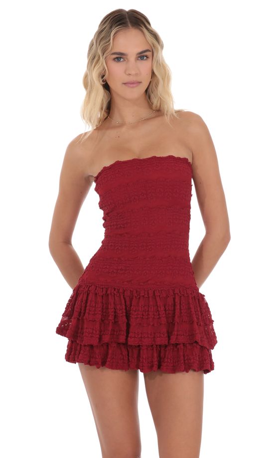 Strapless Lace Ruffle Dress in Red