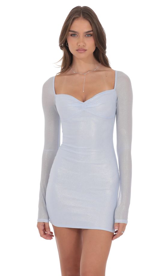 Foil Mesh Long Sleeve Bodycon Dress in Light Blue